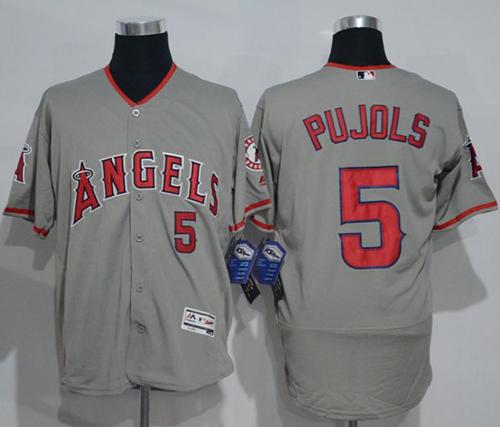 Angels of Anaheim #5 Albert Pujols Grey Flexbase Authentic Collection Stitched MLB Jersey - Click Image to Close